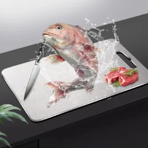 Pure titanium cutting board shown with fresh fish and meat for everyday food preparation.