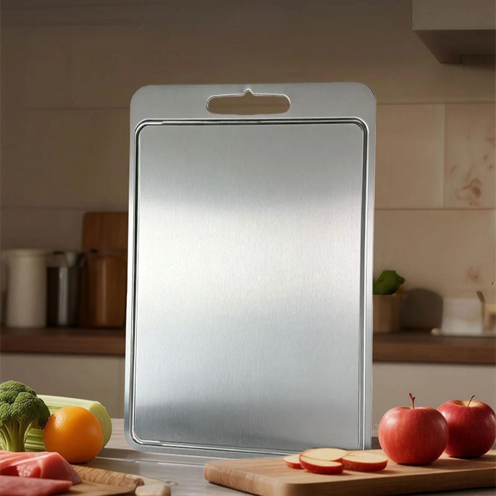 Grooved pure titanium cutting board displayed upright in a home kitchen with fresh produce.