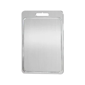 Pure titanium cutting board with raised juice groove, rounded corners, and built-in handle on a white background.