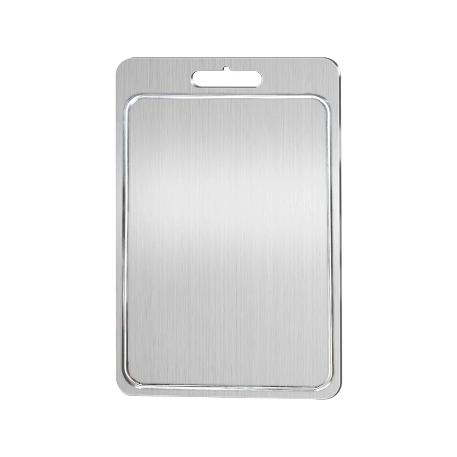 Pure titanium cutting board with raised juice groove, rounded corners, and built-in handle on a white background.
