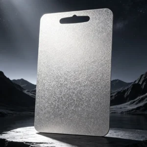 Pure titanium cutting board with textured surface, rounded corners, and built-in handle.