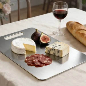 Pure titanium cutting board used for serving cheese, figs, cured meat, and bread.