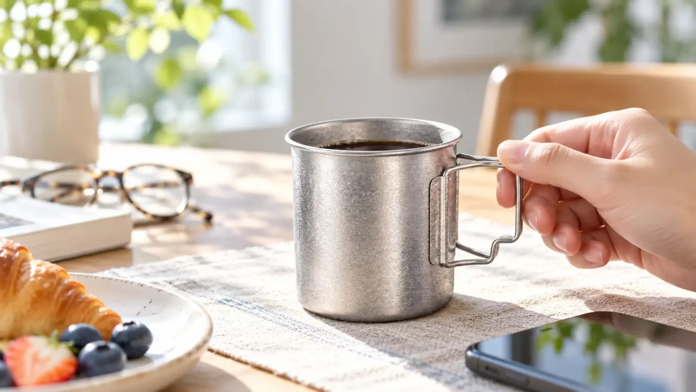 Single-wall titanium mug for everyday drinking at a dining table