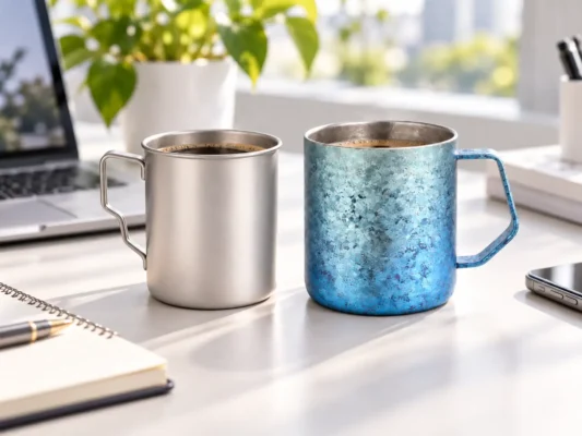 Single-wall and double-wall titanium mugs on a modern office desk