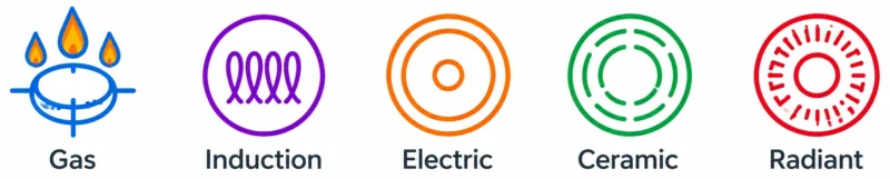 Cooktop compatibility icons for gas, induction, electric, ceramic, and radiant stovetops