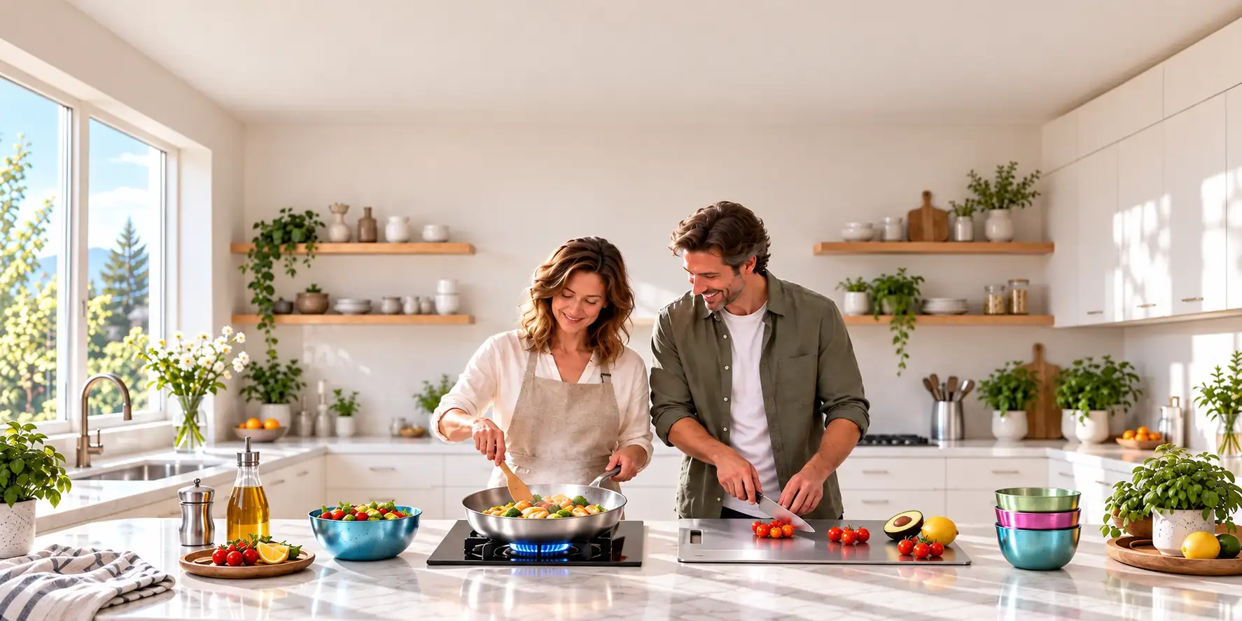 Couple preparing breakfast in a bright kitchen with pure titanium cookware, bowls, and cups.