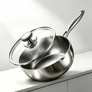 Pure titanium saucepan with hammered cooking surface and tempered glass lid