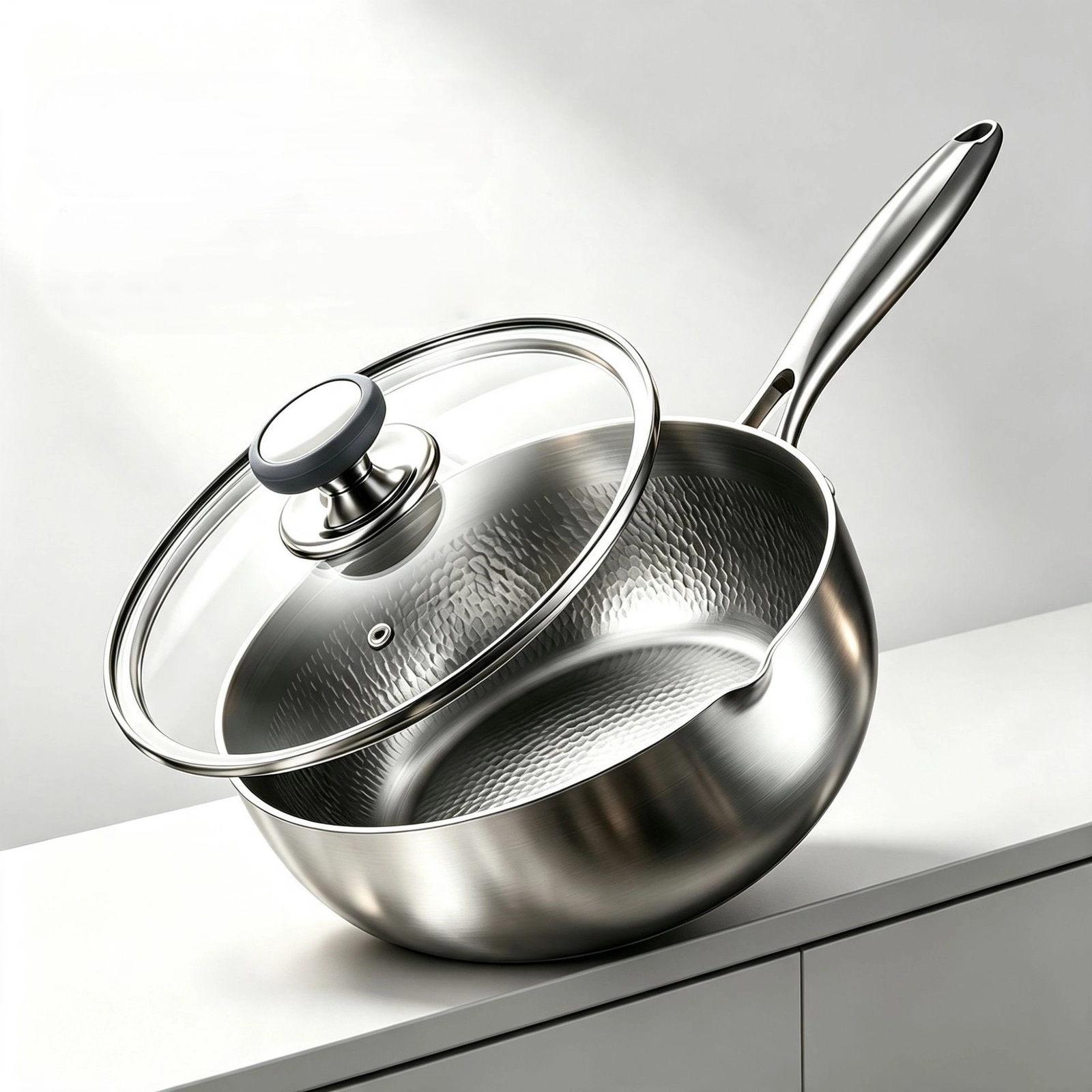 Pure titanium saucepan with hammered cooking surface and tempered glass lid