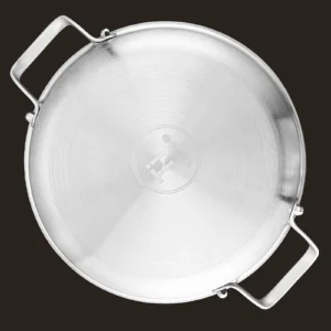 Bottom view of titanium frying pan with dual side handles