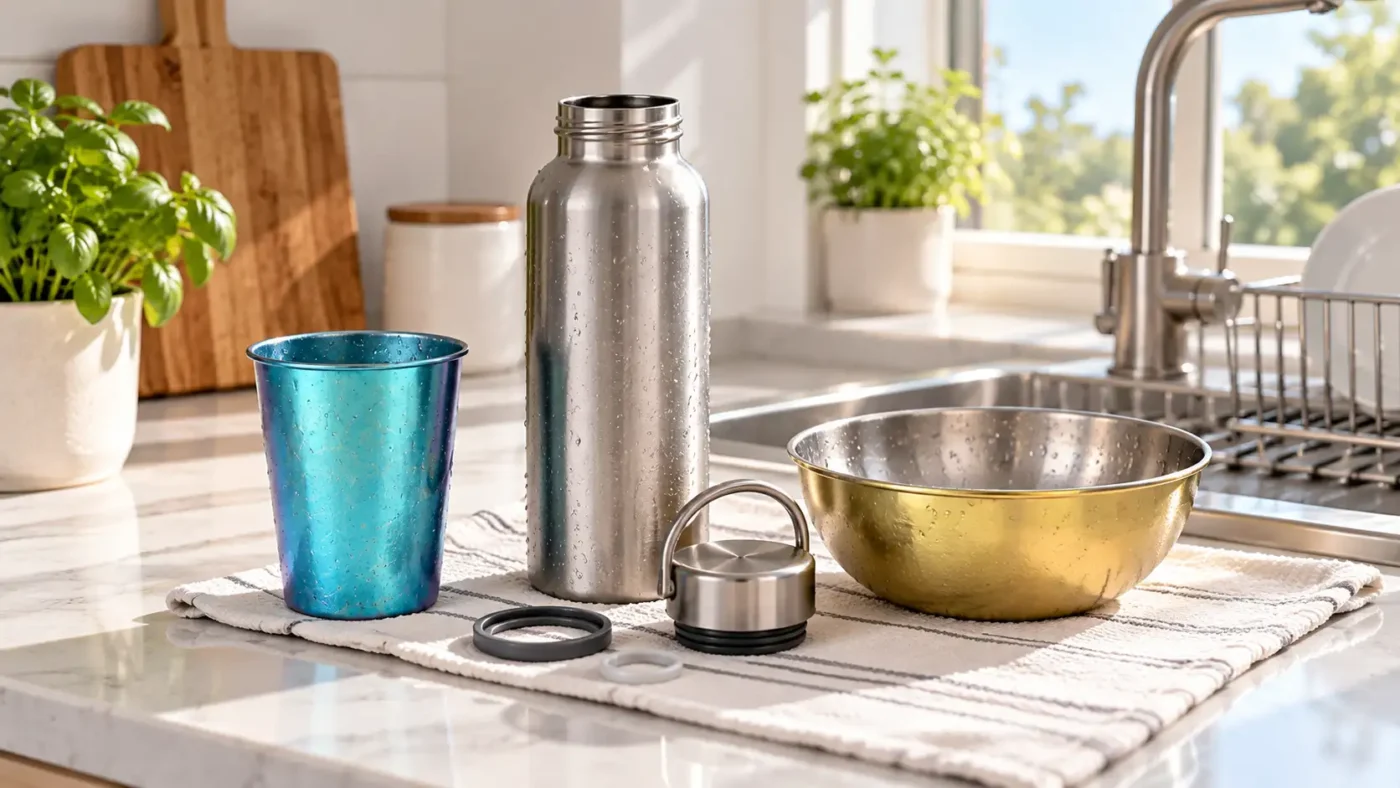 Titanium bottle cup and bowl drying after cleaning