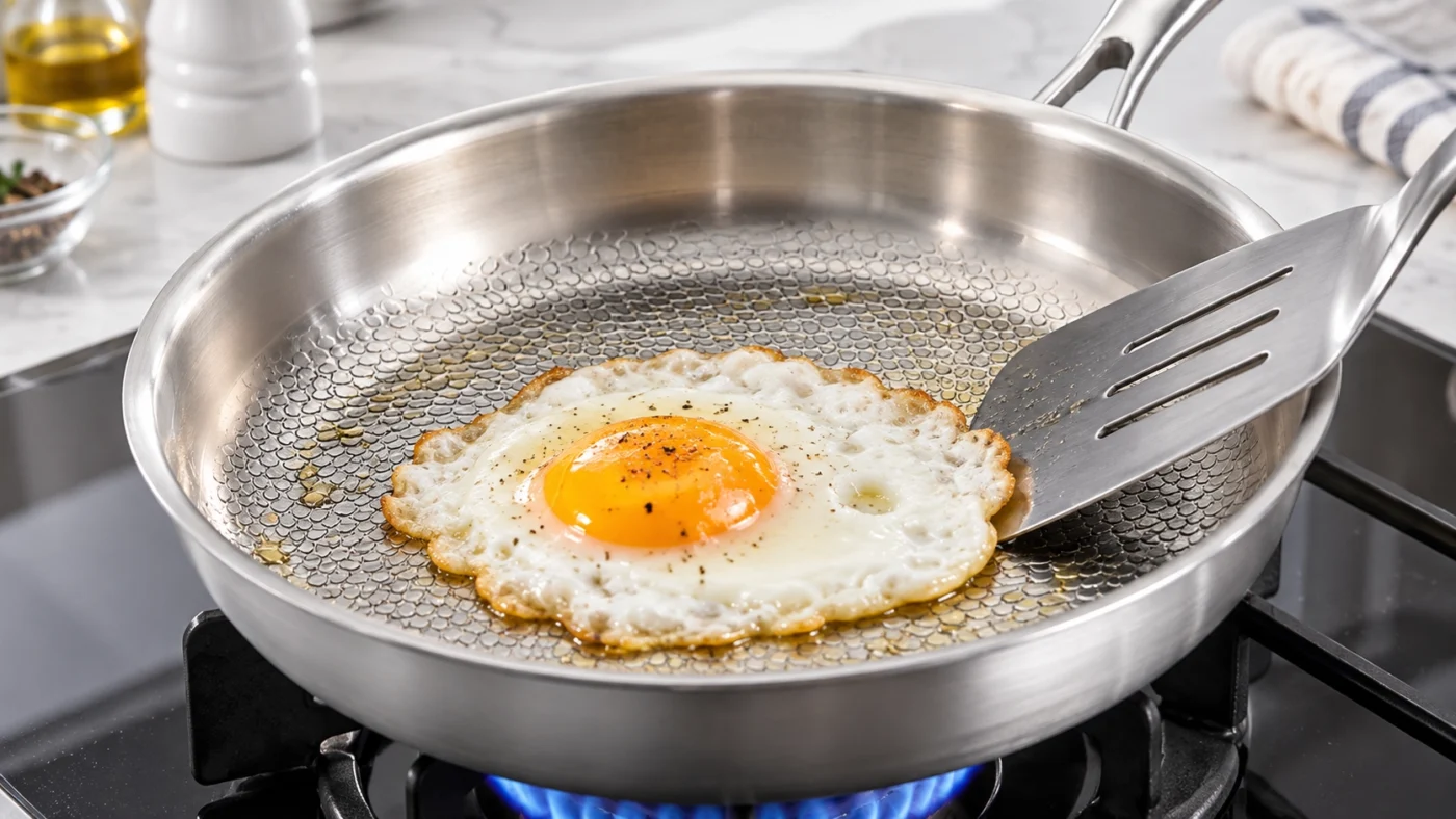 Food cooking on an uncoated pure titanium cooking surface