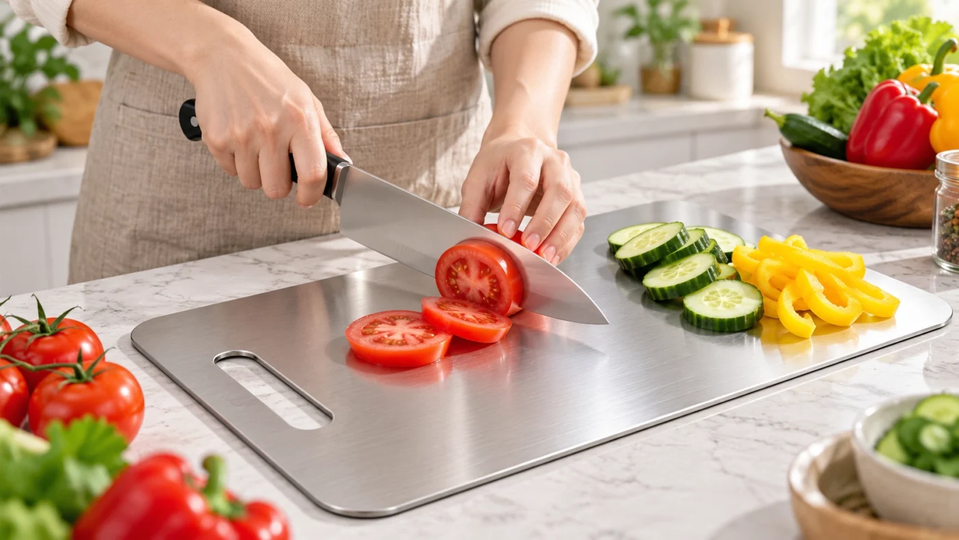 Titanium cutting board with a kitchen knife during everyday food preparation