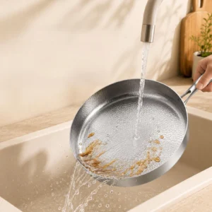 Titanium frying pan being rinsed clean under running water