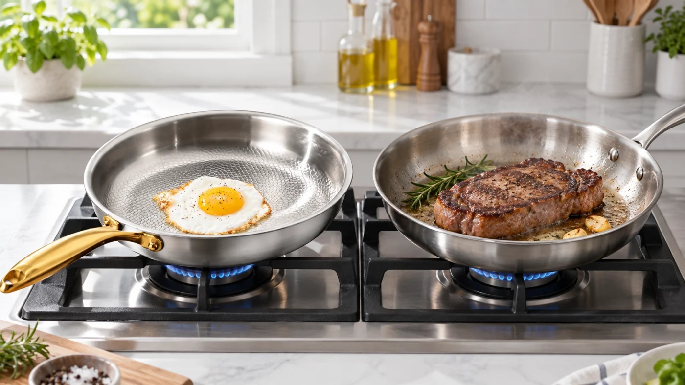 Titanium and stainless steel frying pans cooking egg and steak side by side