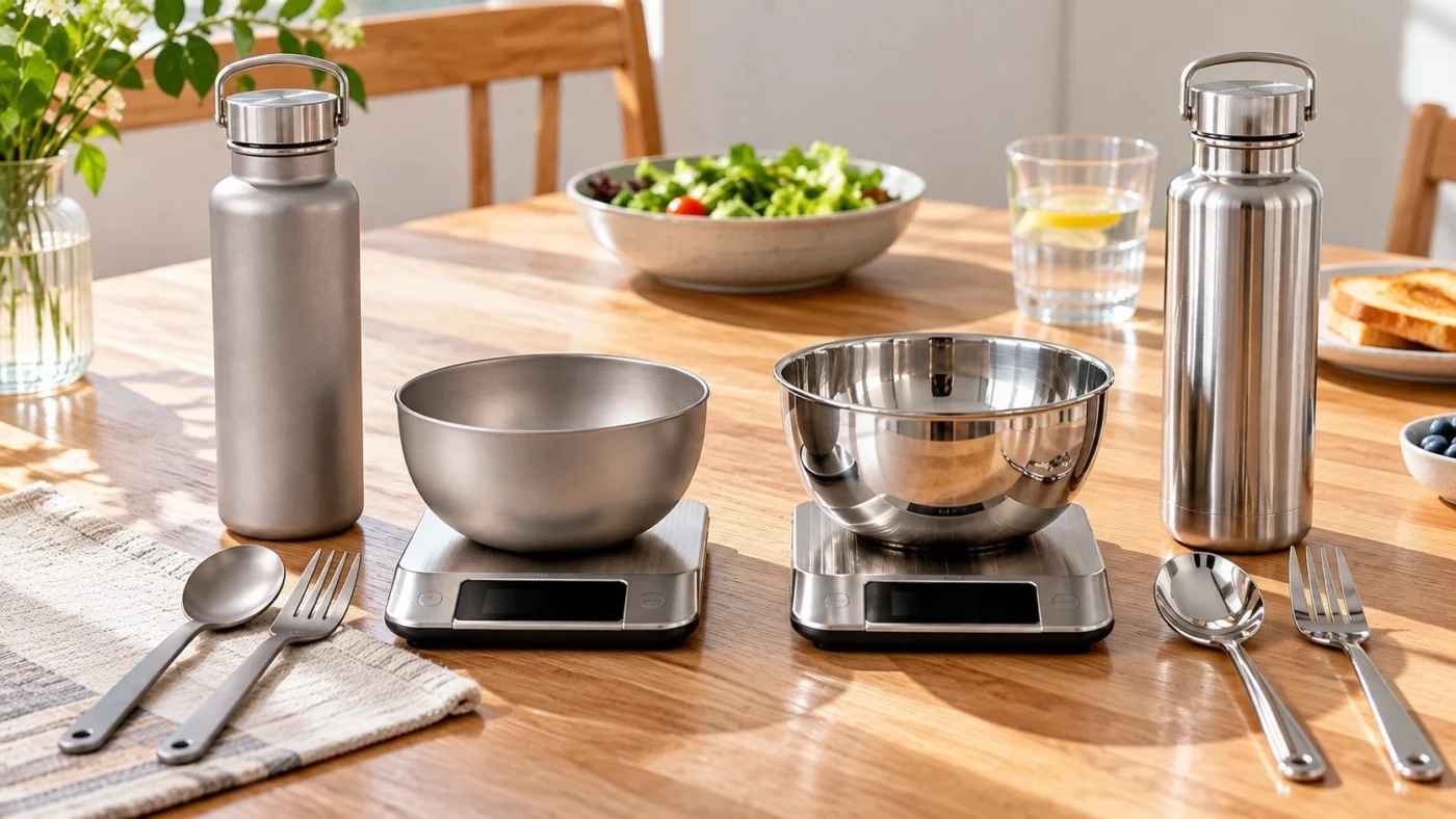 Titanium and stainless steel bottles, bowls, and utensils compared by finished weight