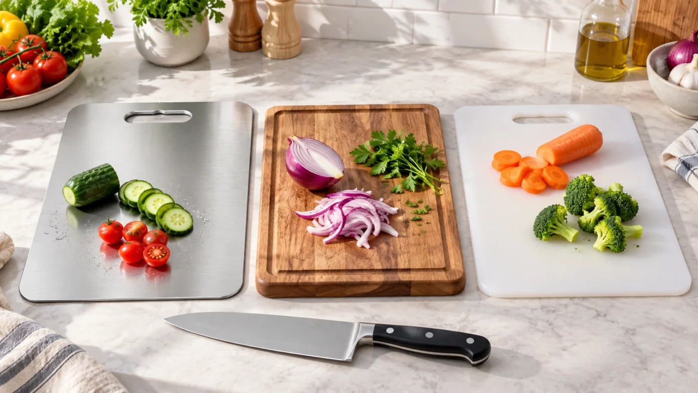 Titanium, wood, and plastic cutting boards compared in a home kitchen