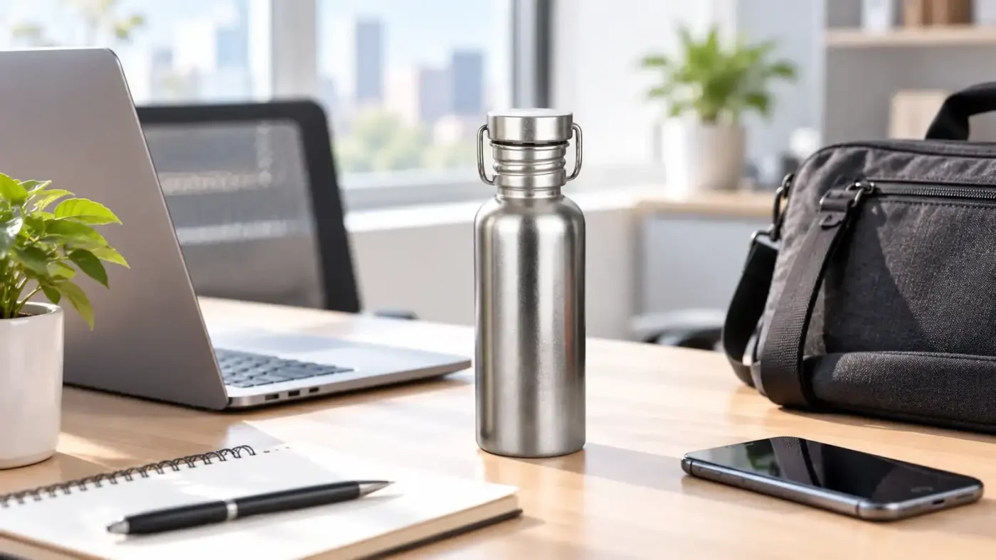 500 ml titanium water bottle on a work desk beside a laptop and bag