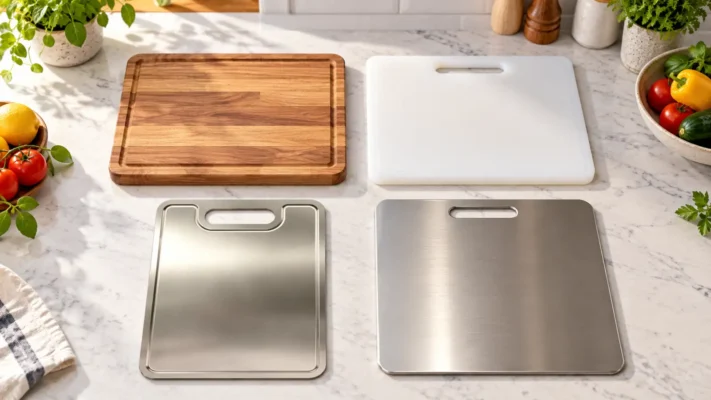 Wood, plastic, titanium, and stainless steel cutting boards arranged on a kitchen counter`