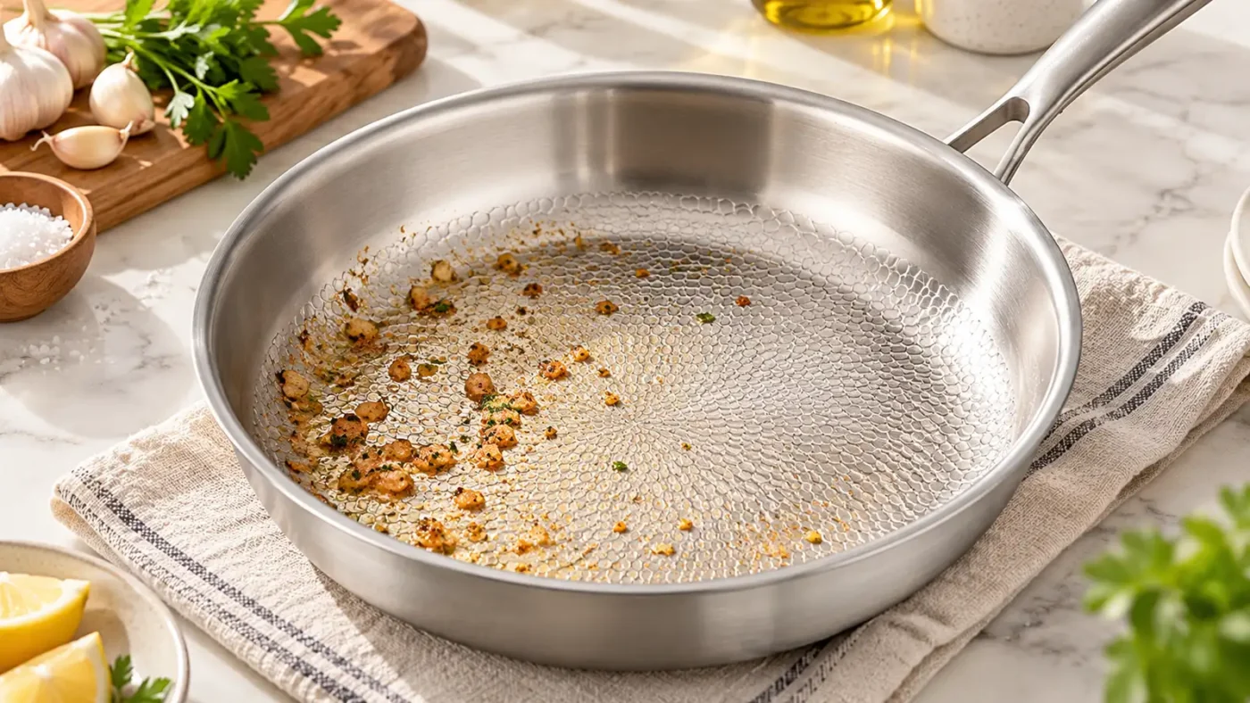 How to remove burnt food from titanium cookware with small food residues visible on the textured cooking surface