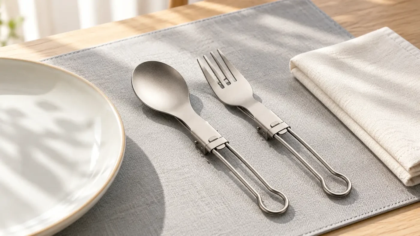 TiRoam folding titanium spoon and fork laid open on a bright everyday dining table.