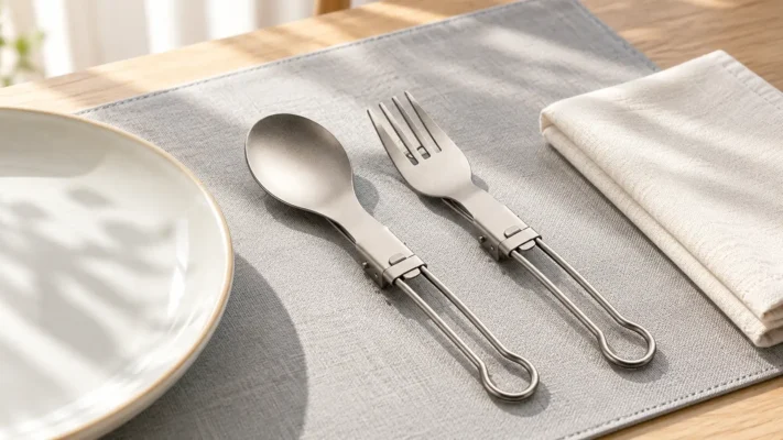 TiRoam folding titanium spoon and fork laid open on a bright everyday dining table.