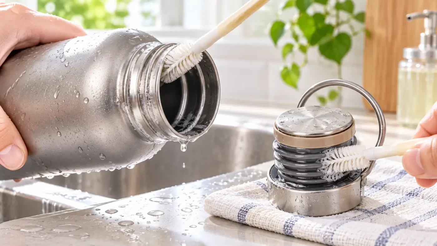 cleaning water bottle cap and bottle neck threads