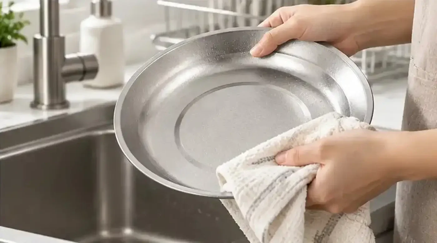 Pure titanium dinner plate being dried after washing in a bright home kitchen