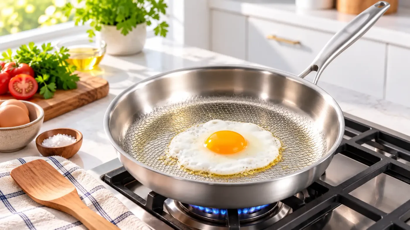 Fried egg cooking on an uncoated titanium surface with oil