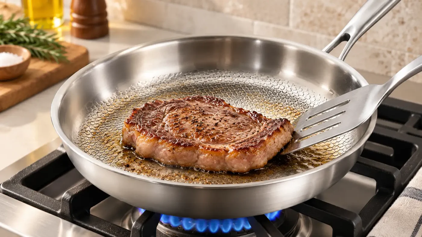 Pan-frying protein on a titanium cooking surface before turning