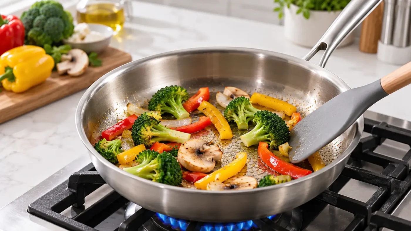 Vegetables cooking in a titanium pan with space for even cooking