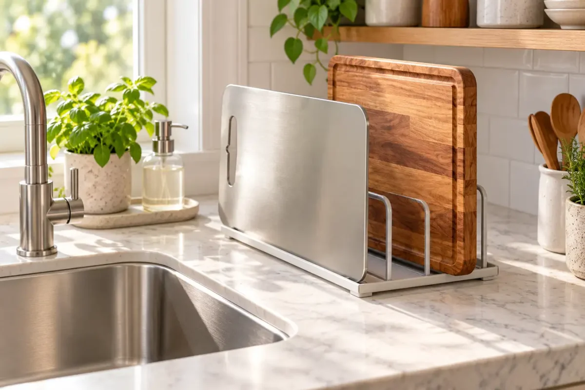 Titanium and wooden cutting boards stored separately with airflow beside a kitchen sink