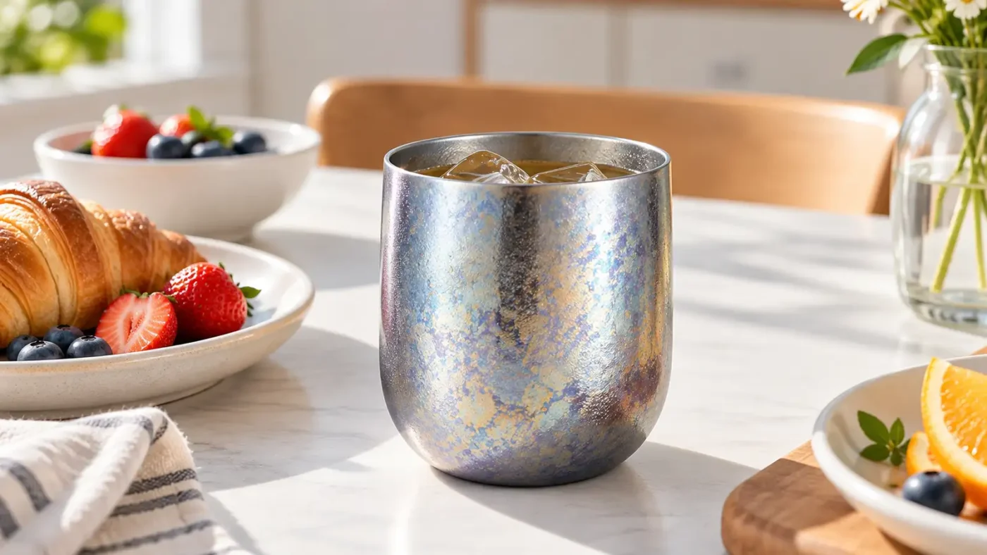 Handle-free double-wall titanium tumbler for an everyday drink