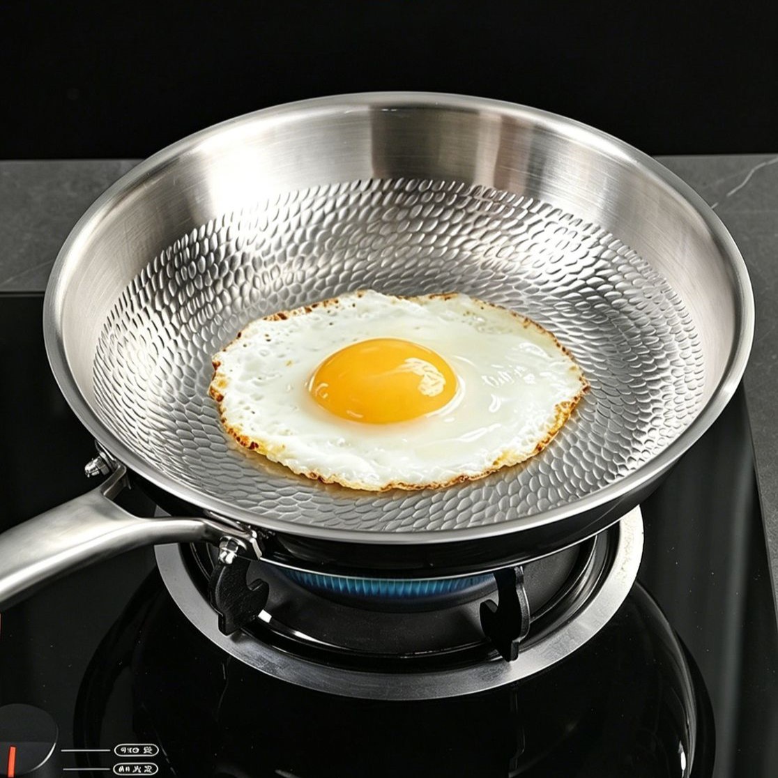 Fried egg cooking on the dragon-scale textured surface of a titanium frying pan.