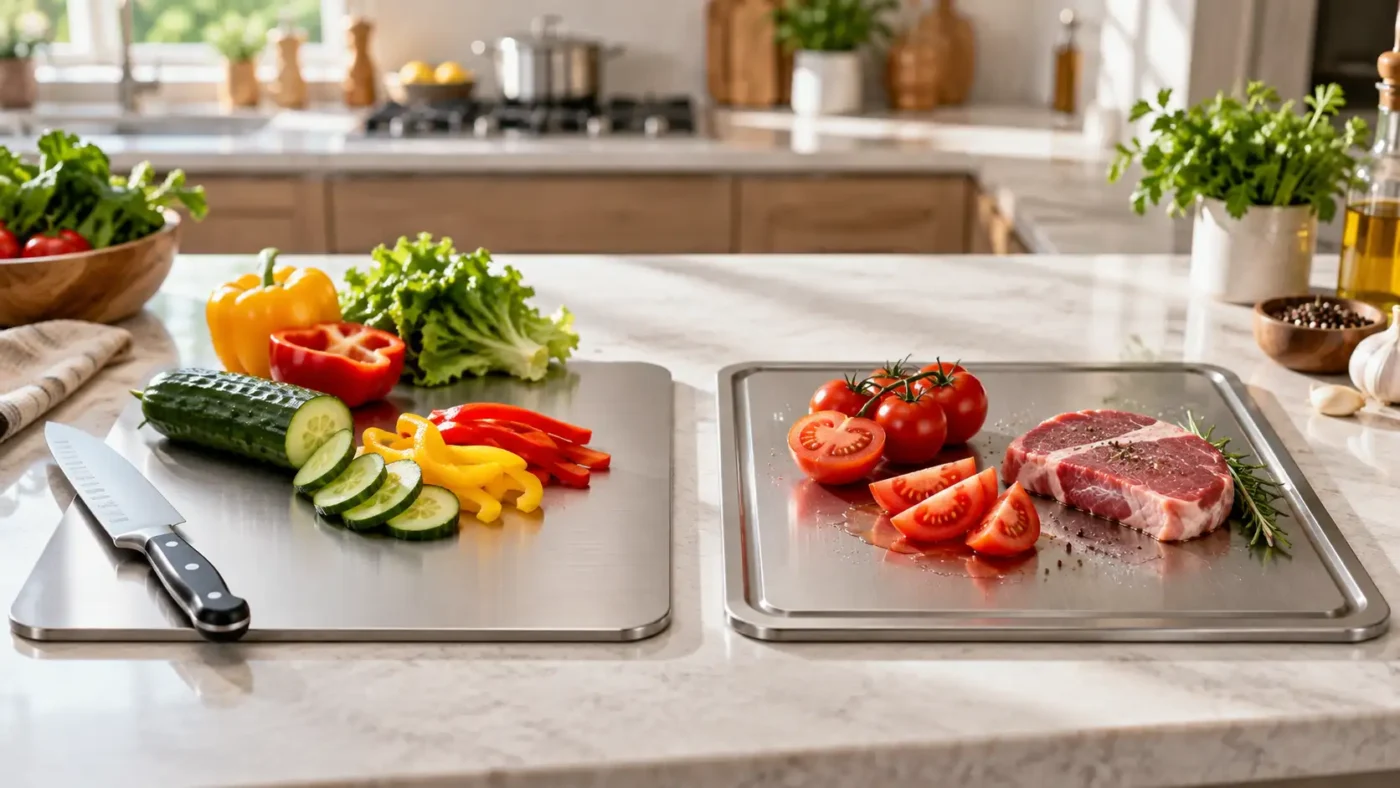 Flat and grooved titanium cutting boards for kitchen food preparation
