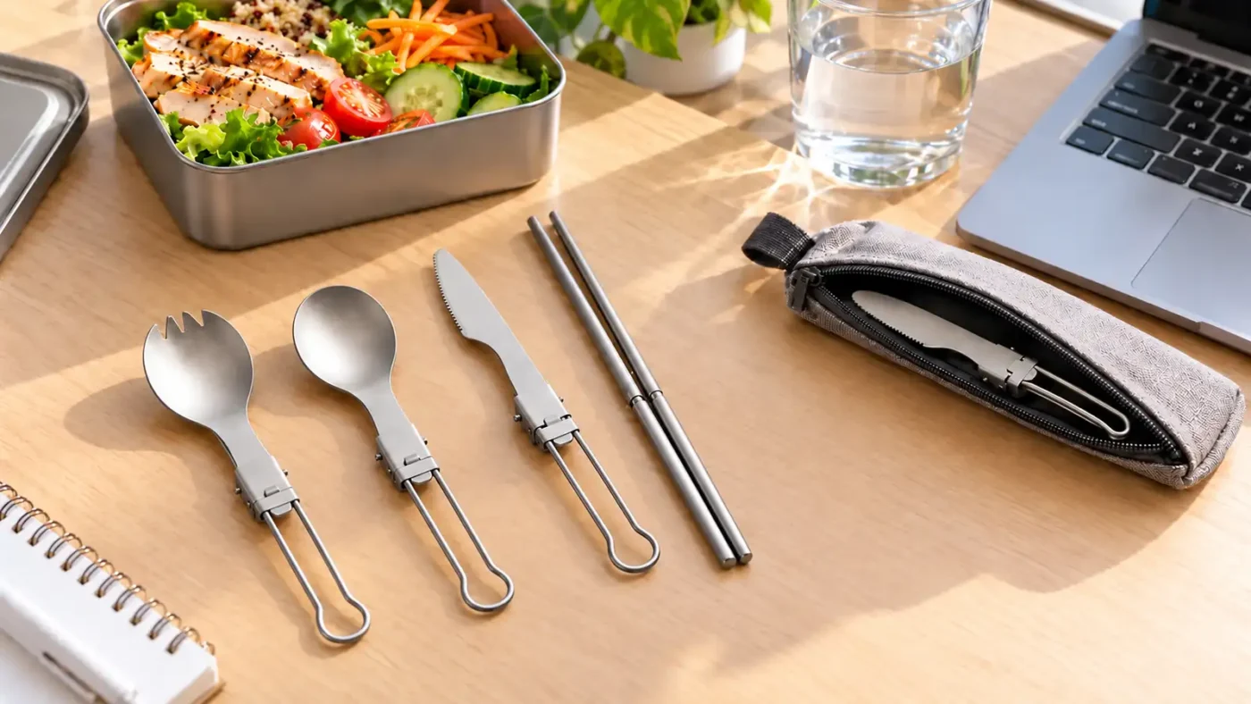 TiRoam folding titanium cutlery beside a compact pouch for work lunch storage