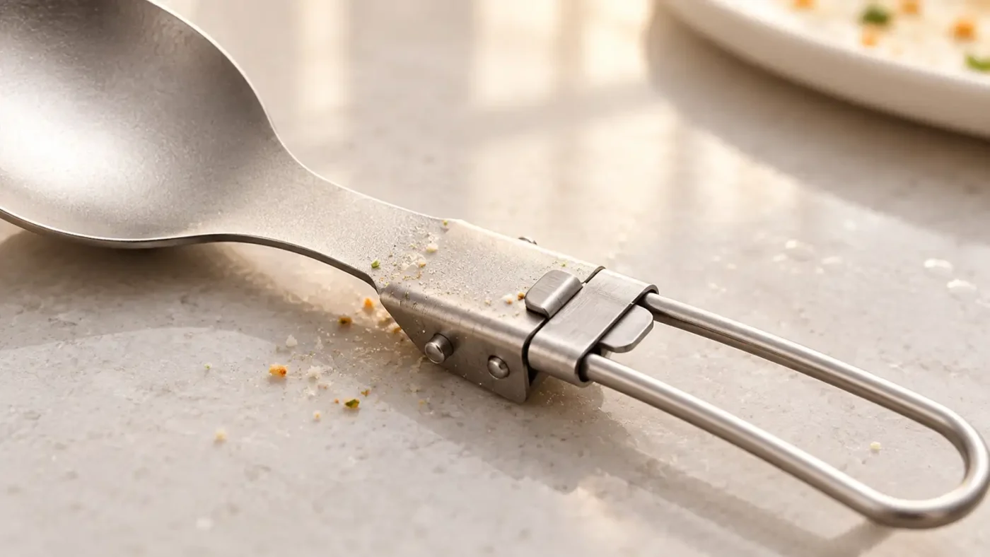Close-up of the accessible folding joint on a TiRoam titanium spoon.