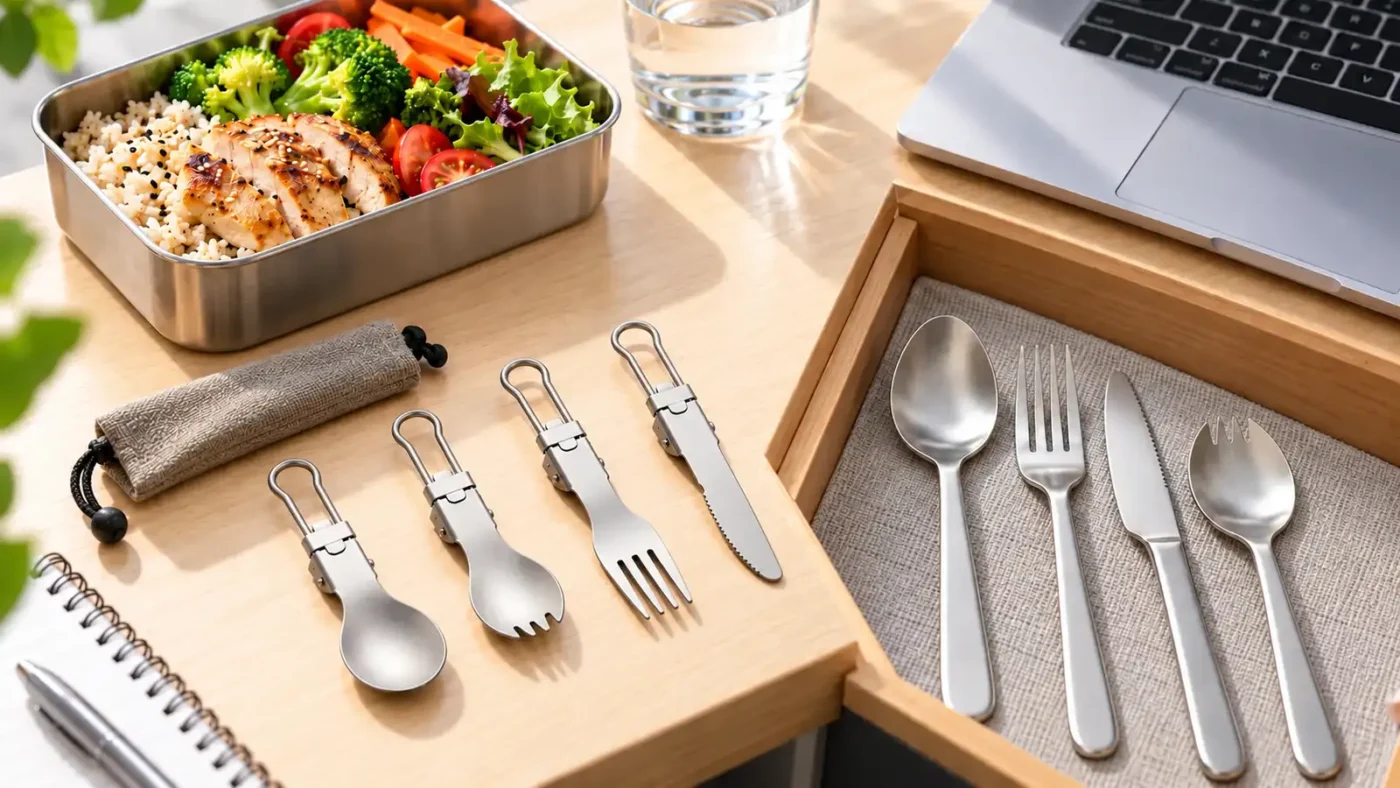 TiRoam folding titanium cutlery compared with fixed cutlery for work lunch use