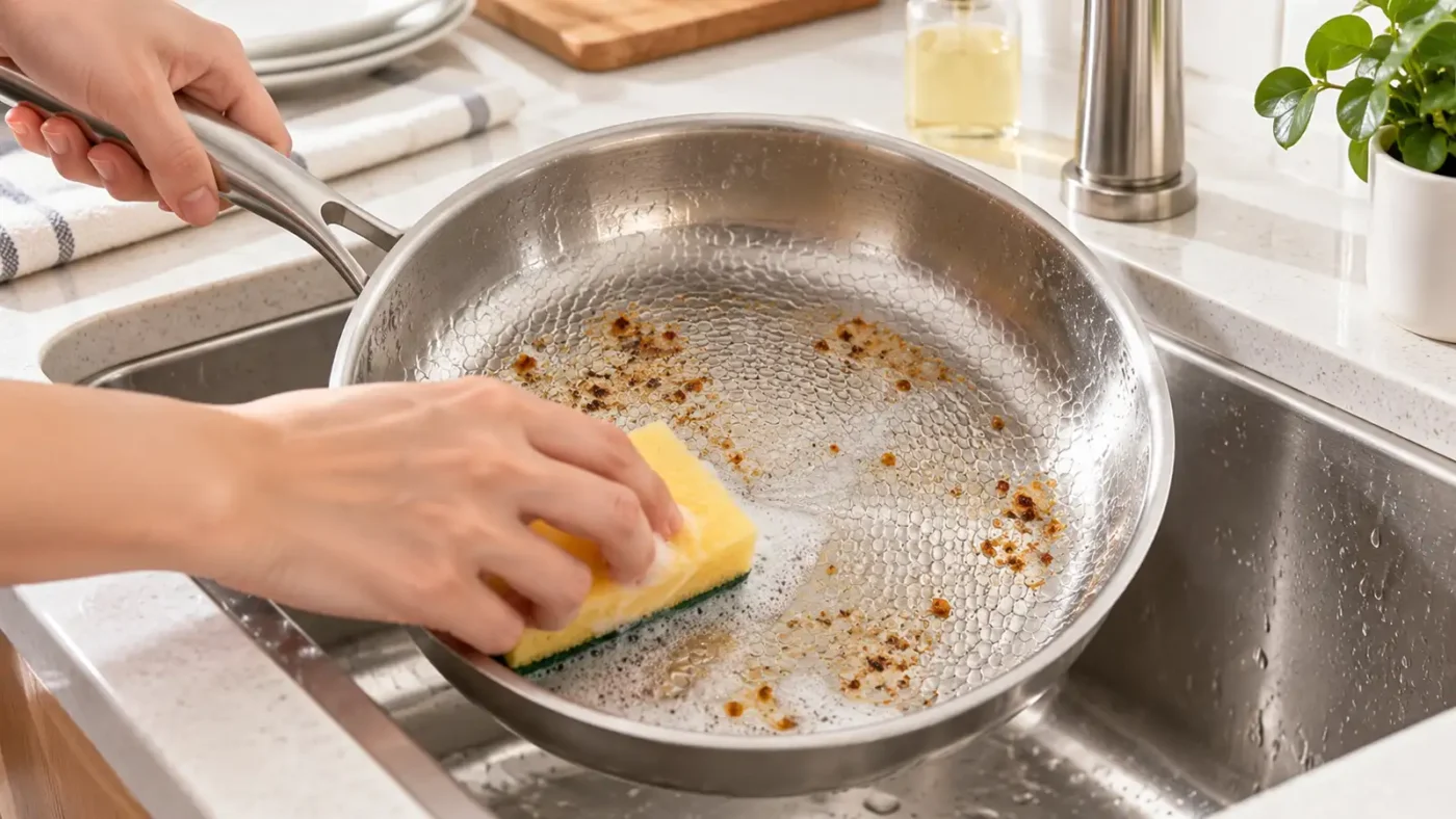 Soft sponge lifting softened food residue from a TiRoam frying pan beside a kitchen sink.