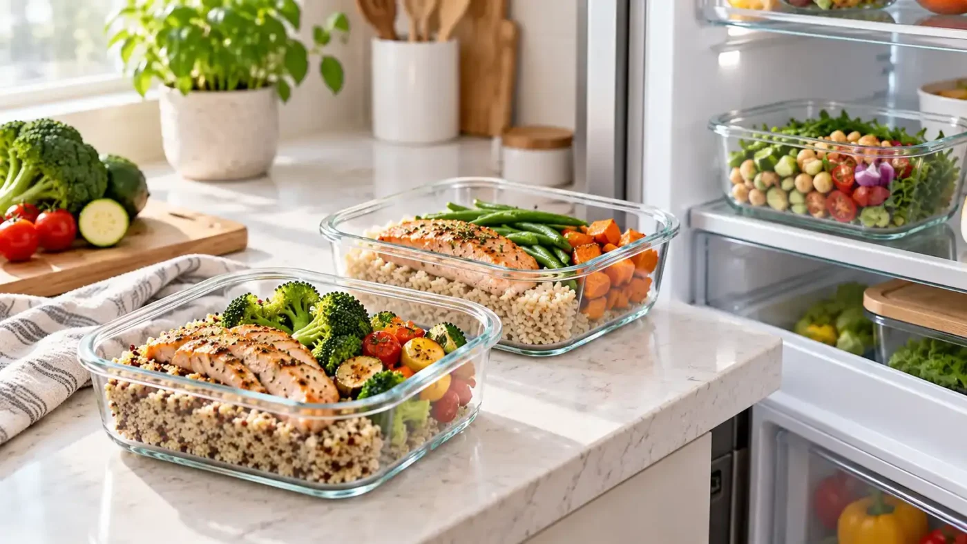 Glass food containers used for visible home meal prep storage