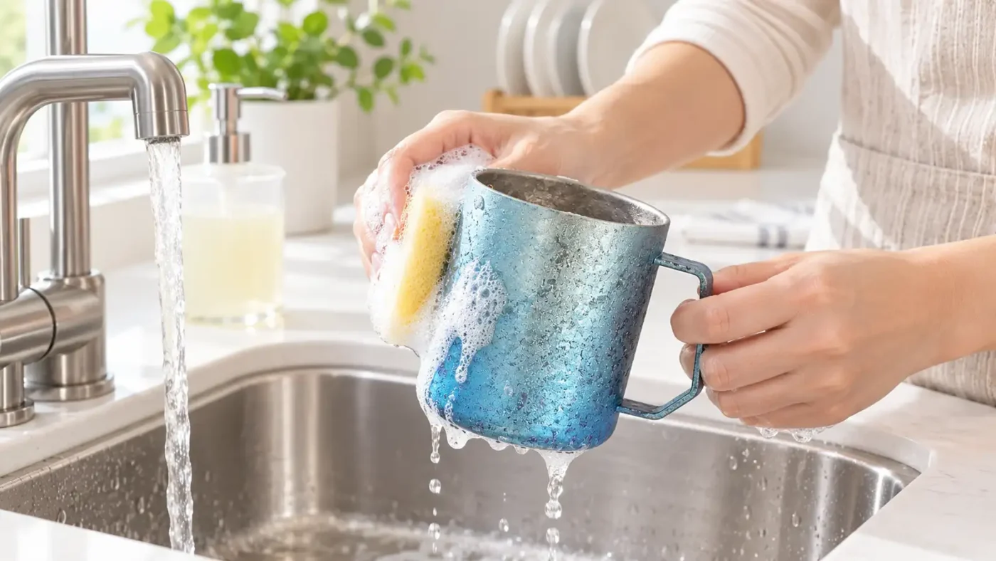 Soft sponge washing a TiRoam blue crystalline coffee mug beside a kitchen sink