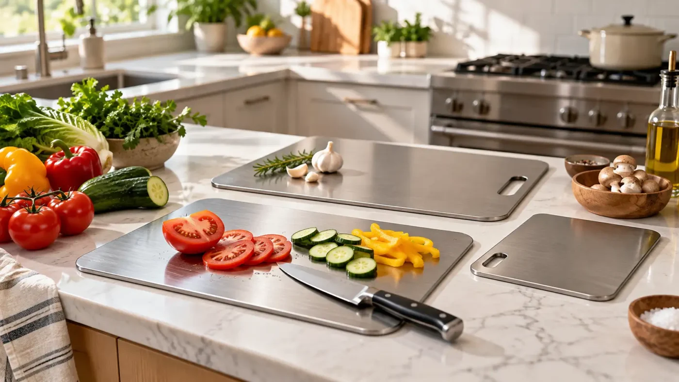 Different titanium cutting board sizes in a modern home kitchen