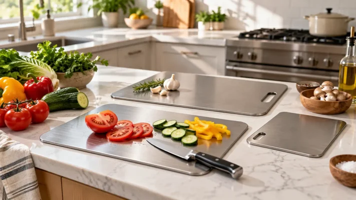 Different titanium cutting board sizes in a modern home kitchen