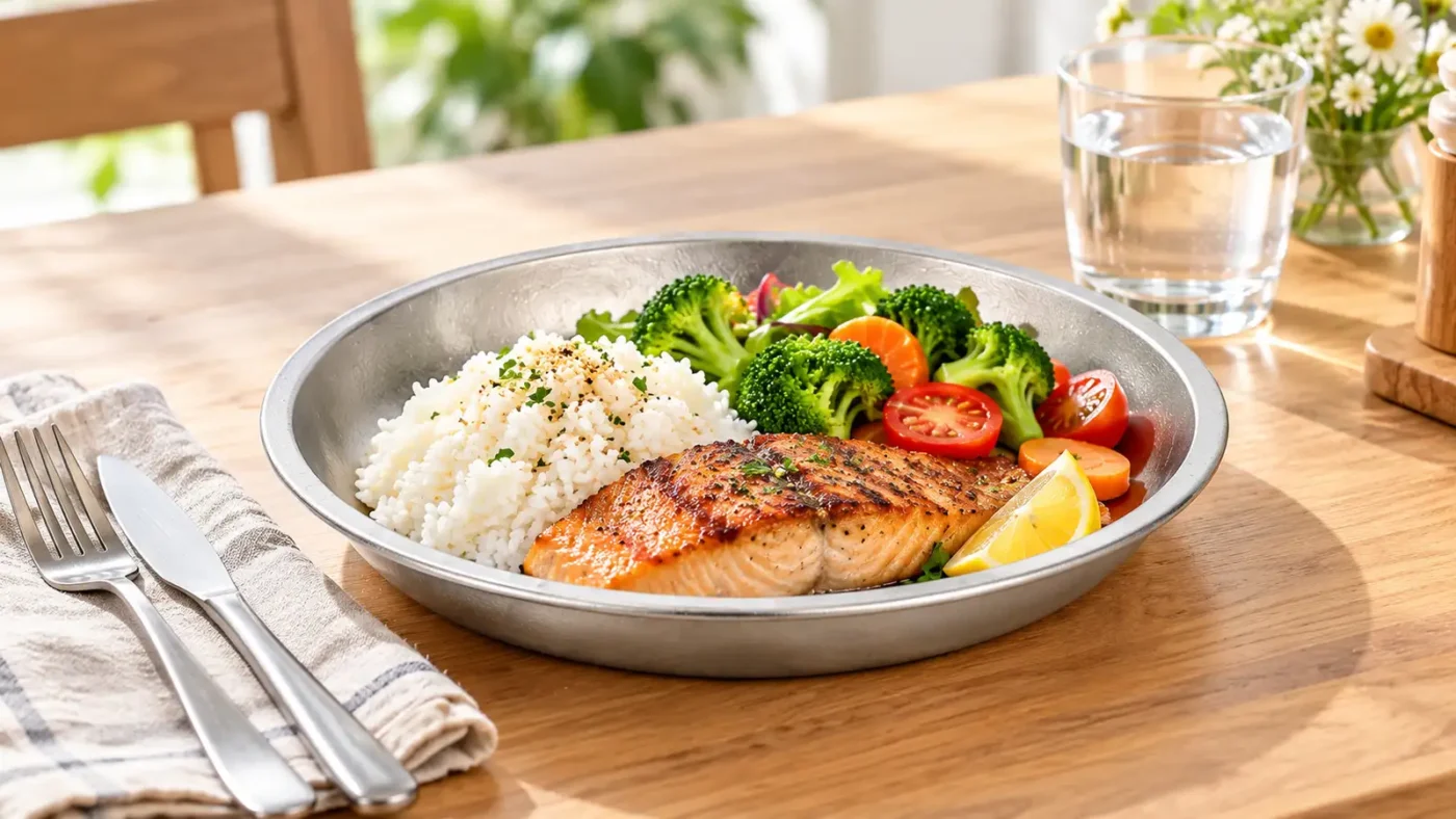 How to choose a titanium dinner plate for everyday meals, with salmon, rice, and vegetables