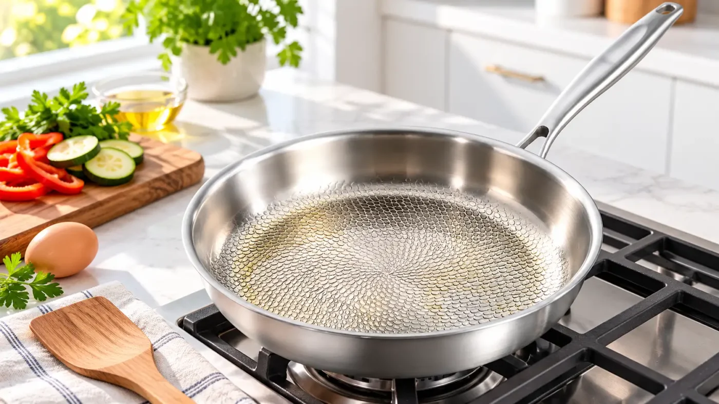 Cooking on an uncoated titanium surface with controlled heat and oil