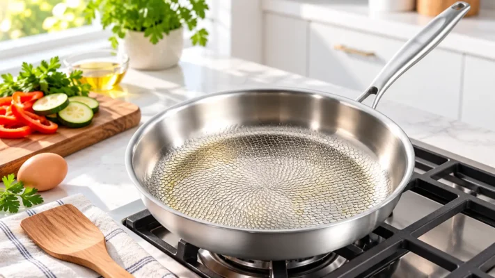 Cooking on an uncoated titanium surface with controlled heat and oil