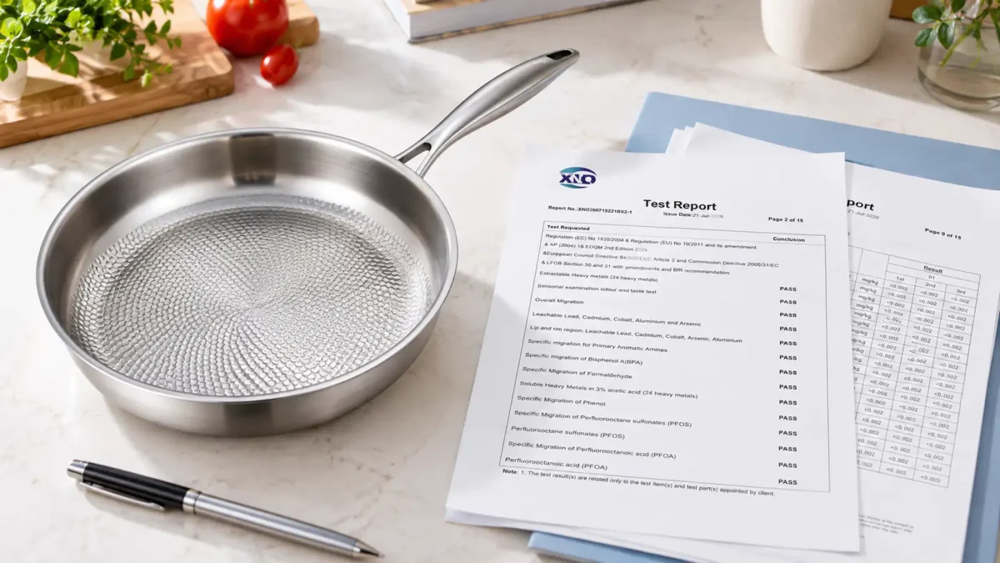 Illustrative food-contact test report checklist beside a titanium cookware sample