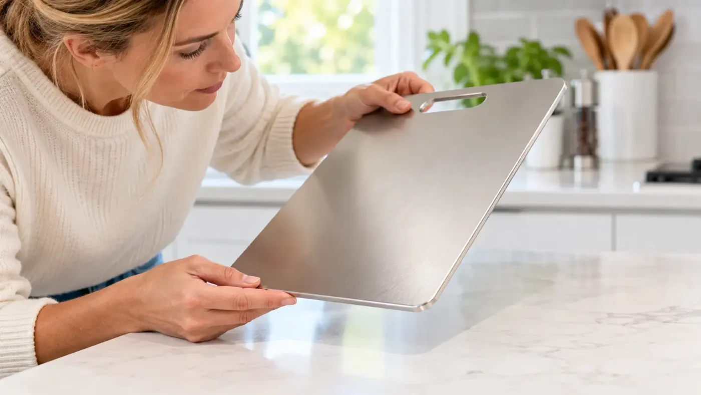 Inspecting a clean and dry titanium cutting board under good lighting