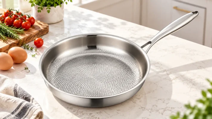 Titanium frying pan with a textured cooking surface in a bright home kitchen