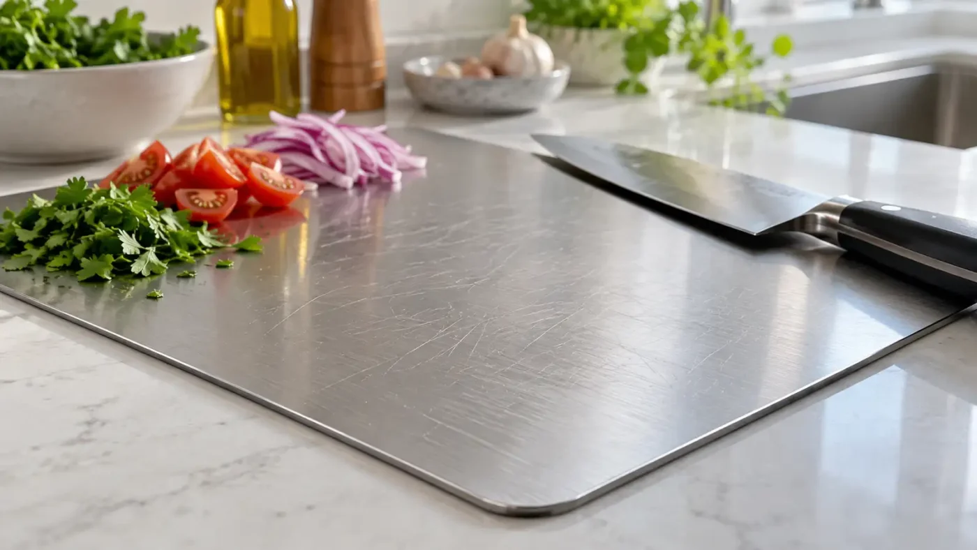 Visible knife marks on a titanium cutting board beside chopped vegetables and a knife