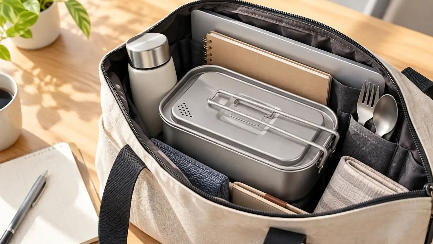 Titanium lunch container packed inside an everyday work bag